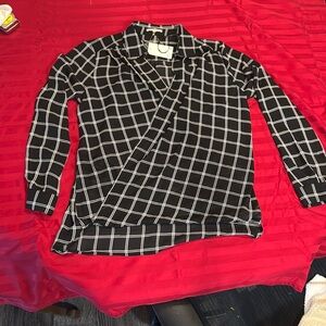 Pleione Black and White Wrap Blouse with Notched Collar